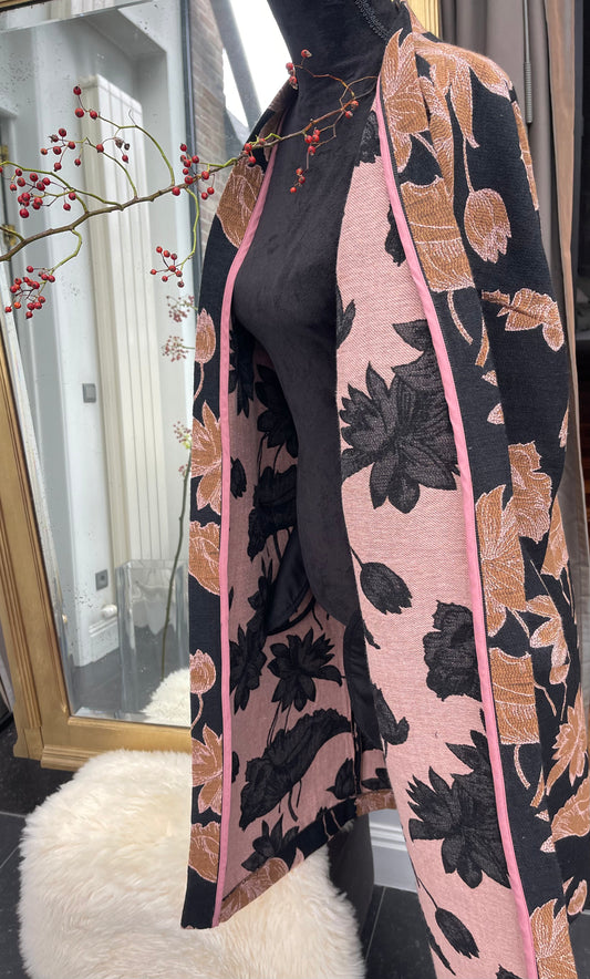 Lange jas in zwart/oker/oud roze