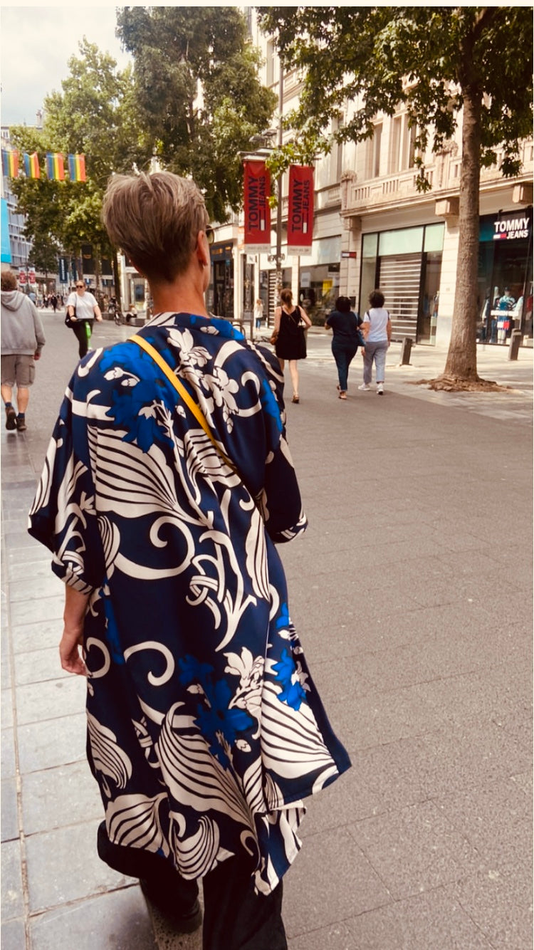 lange blauw beige kimono polyester twill